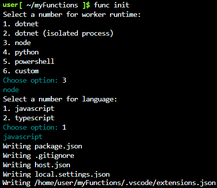 Output from func init creating a JavaScript function project.