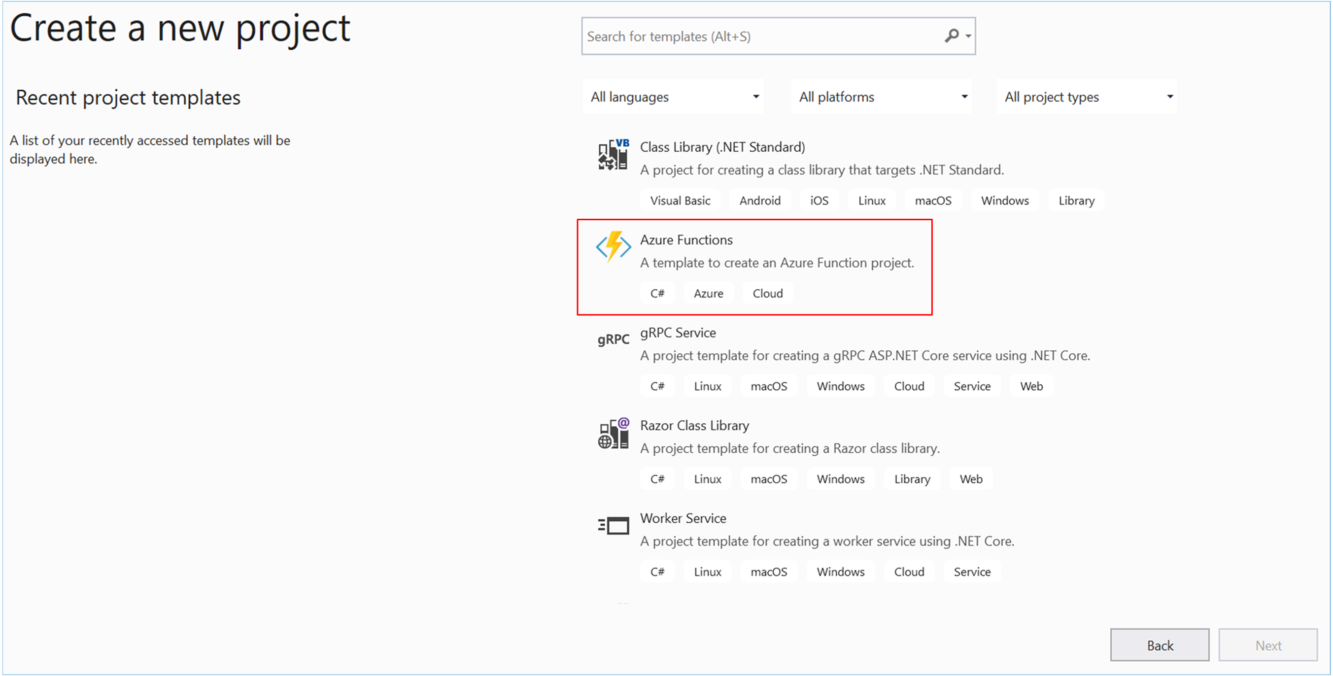 Zrzut ekranu przedstawiający stronę Tworzenie nowego projektu w programie Visual Studio 2022 z wyróżnionym szablonem usługi Azure Functions.