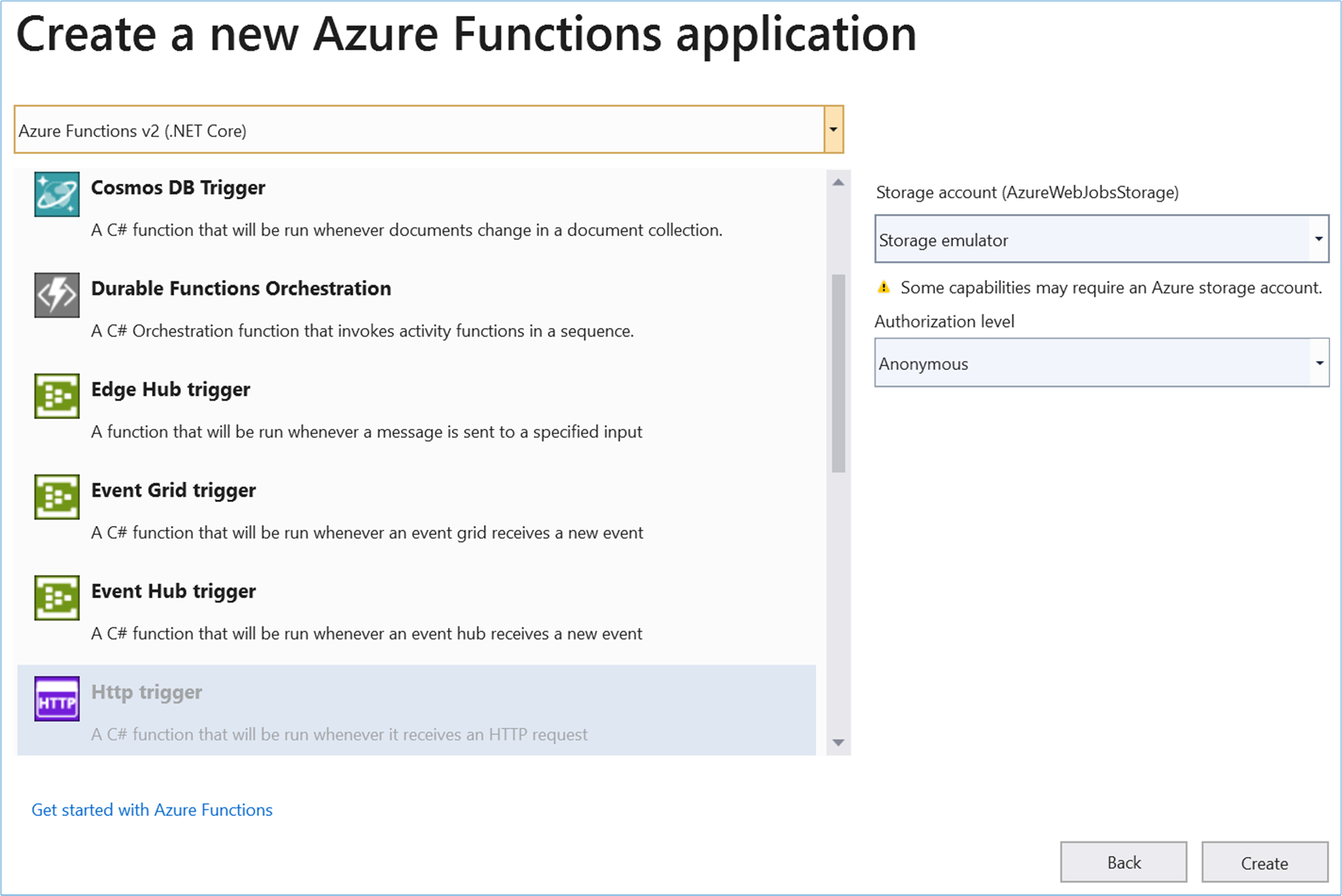 Zrzut ekranu przedstawiający wyzwalacze usługi Azure Functions z wyróżnionym wyzwalaczem HTTP.