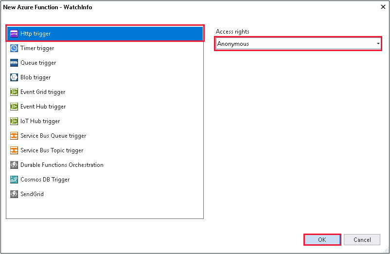 Zrzut ekranu przedstawiający okno Nowa funkcja platformy Azure. Wybrano wyzwalacz HTTP z uprawnieniami dostępu anonimowego.