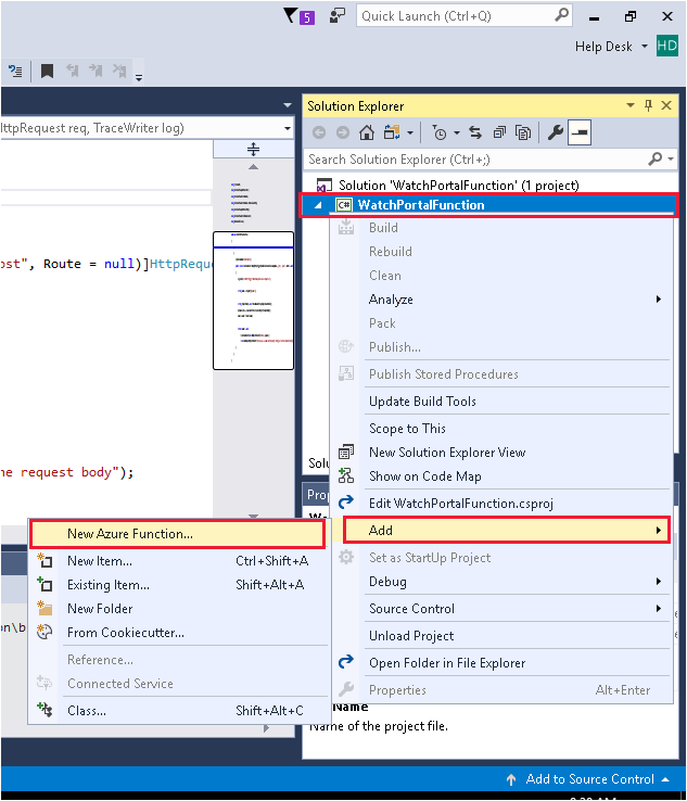 Zrzut ekranu przedstawiający okno Eksplorator rozwiązań. Użytkownik wybrał pozycję Dodaj —> nowa funkcja platformy Azure.