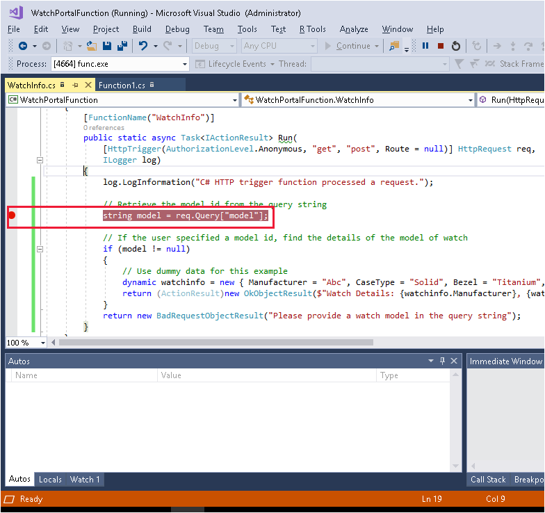 Zrzut ekranu programu Visual Studio przedstawiający punkt przerwania w instrukcji, która odczytuje model z ciągu zapytania.
