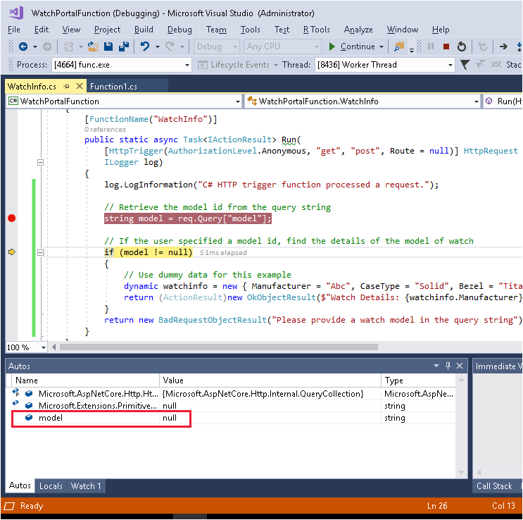 Zrzut ekranu debugera programu Visual Studio przedstawiający wartość zmiennej modelu.