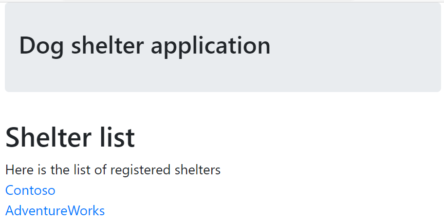 Screenshot of a page that shows a list of two shelters - Contoso and AdventureWorks.