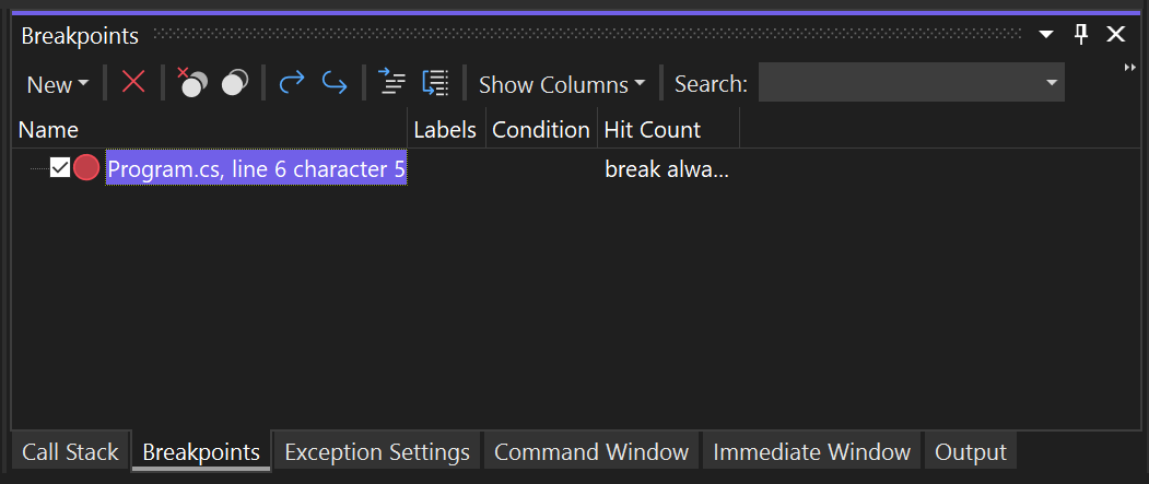 Zrzut ekranu przedstawiający okno punktów przerwania programu Visual Studio.