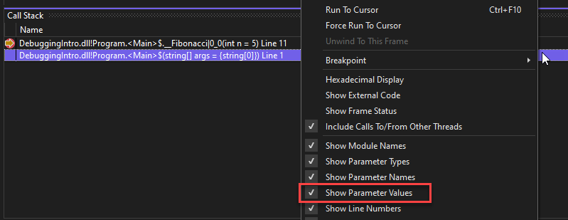 Zrzut ekranu przedstawiający wartości stosu wywołań debugowania programu Visual Studio.