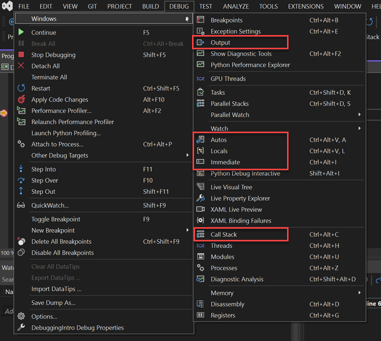 Zrzut ekranu przedstawiający opcje okna debugowania programu Visual Studio.