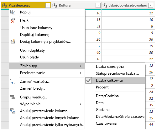 Zrzut ekranu przedstawiający menu Zmień typ.