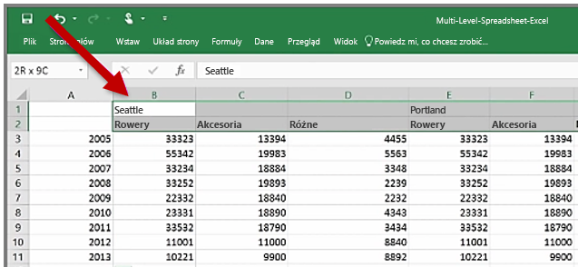 Arkusz kalkulacyjny programu Excel z nagłówkami obejmującymi wiele kolumn.