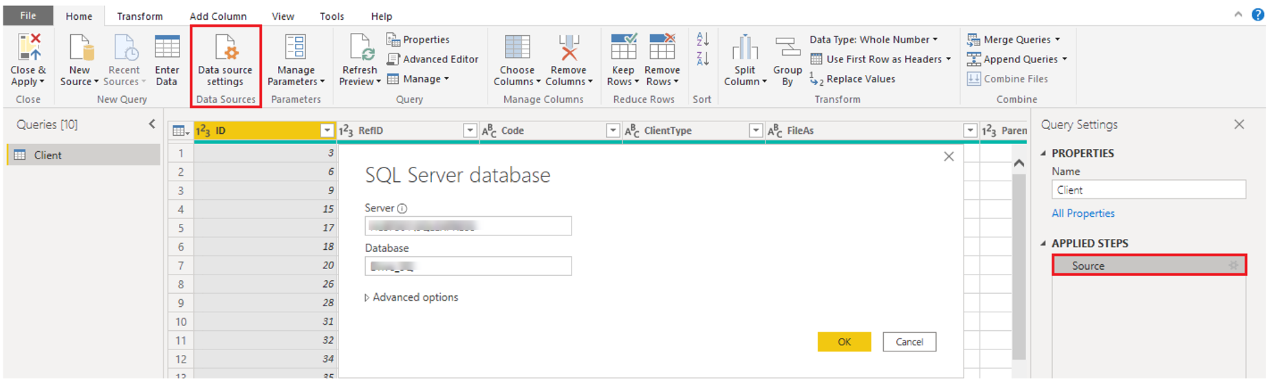Zrzut ekranu przedstawiający przycisk Ustawienia źródła danych.