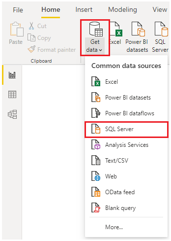 Zrzut ekranu przedstawiający rozwinięte menu Pobierz dane w celu wyświetlenia SQL Server.