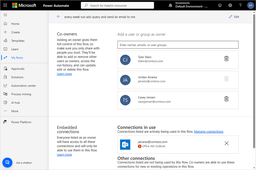 Screenshot of the Co-owners page showing the text field to add a user or group as owner, with current co-owners listed below.