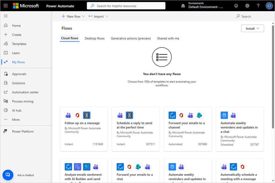 Screenshot of Power Automate showing the My flows option selected in the left navigation panel.