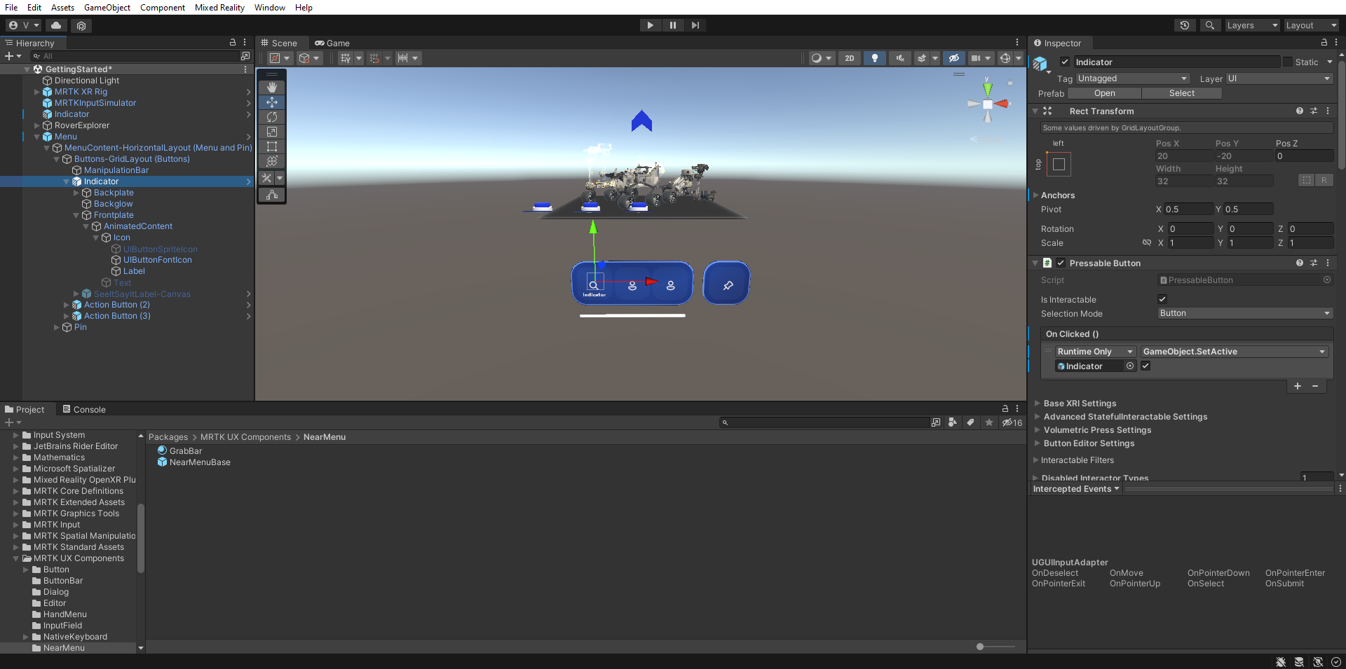Screenshot of Unity with Indicator button object Button Config Helper configured.