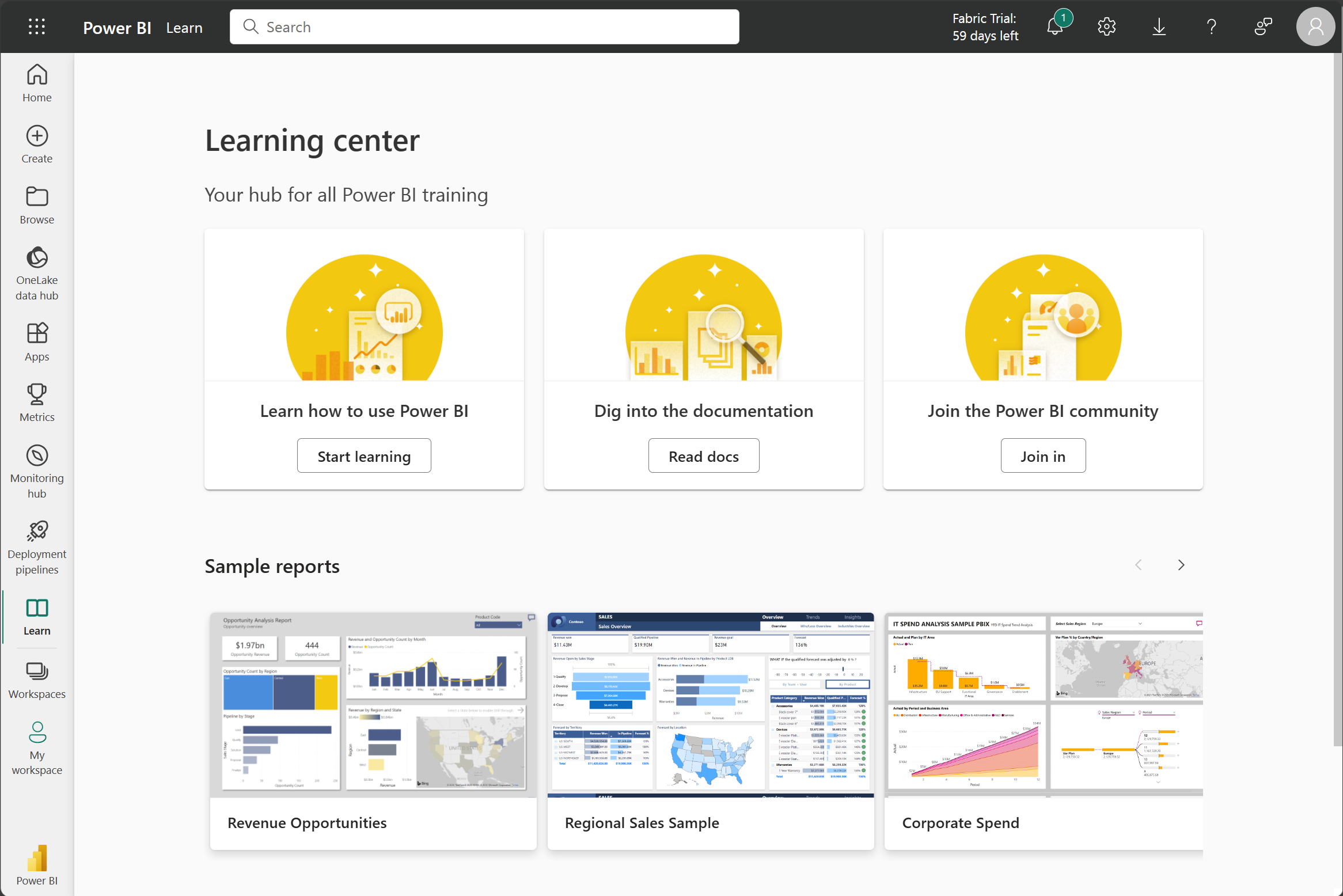 Zrzut ekranu przedstawiający centrum szkoleniowe usługa Power BI z wbudowanymi przykładowymi raportami.