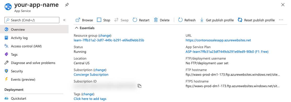 Zrzut ekranu przedstawiający okienko usługi App Service z wyróżnionym linkiem adresu URL sekcji przeglądu.
