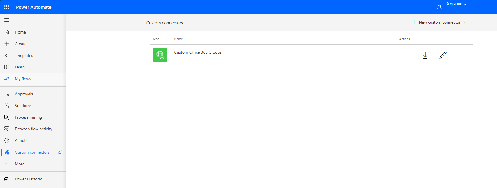 Screenshot of the Power Automate Custom connectors page with Custom Office 365 Groups added.