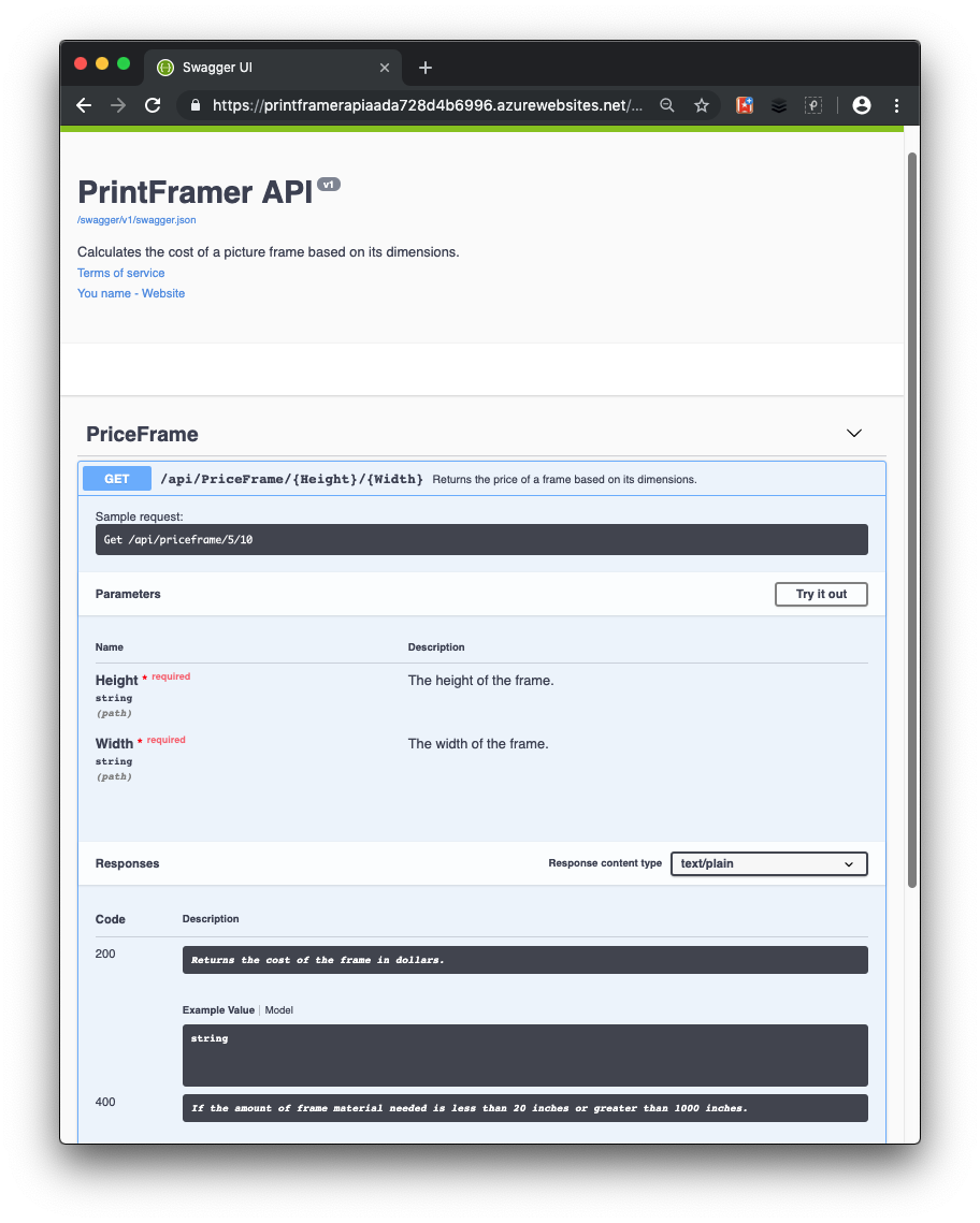 Swagger UI with more documentation from XML comments for our API.