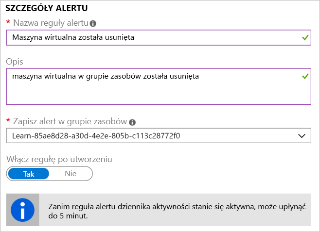 Screenshot that shows a completed alert details section.