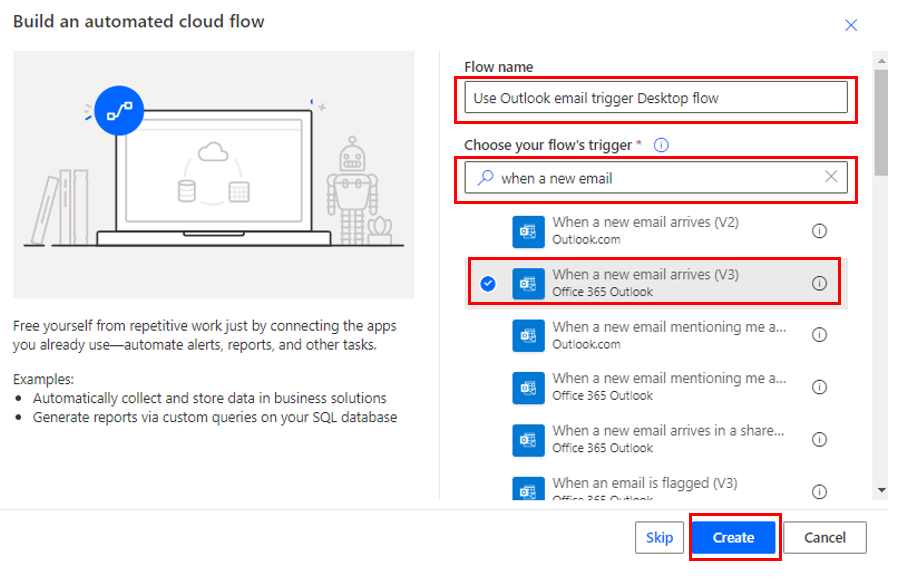 Screenshot of the flow named and the action of When a new email arrives (V3) selected.
