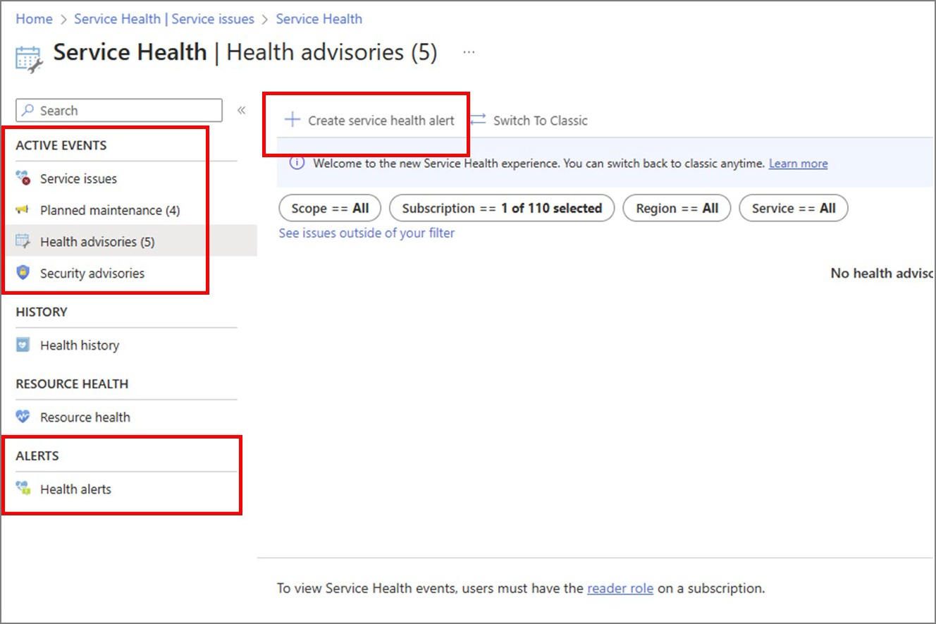 Screenshot of the Azure Service Health advisories.