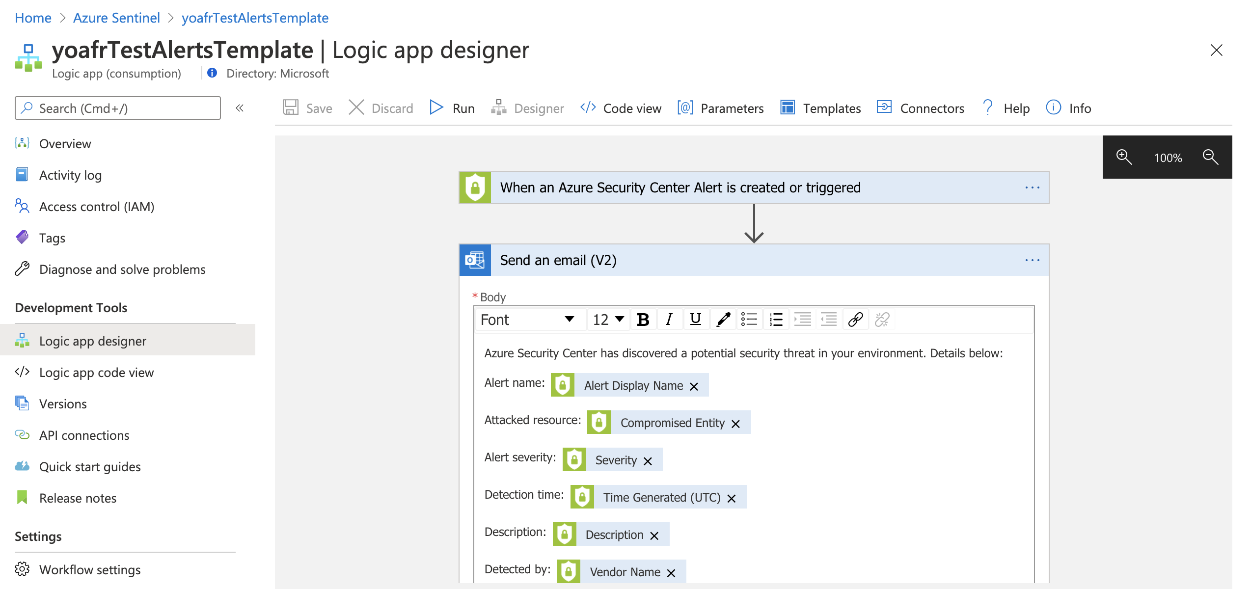 Ten zrzut ekranu przedstawia przykład użycia usługi Azure Logic Apps do skorygowania zdarzenia zabezpieczeń.