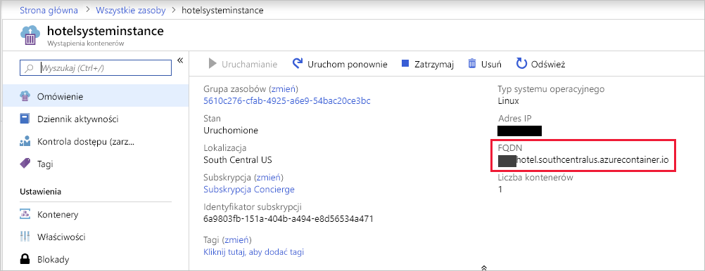 Zrzut ekranu przedstawiający nowe okienko w witrynie Azure Portal z właściwościami kontenera i wyróżnioną w pełni kwalifikowaną nazwą domeny.