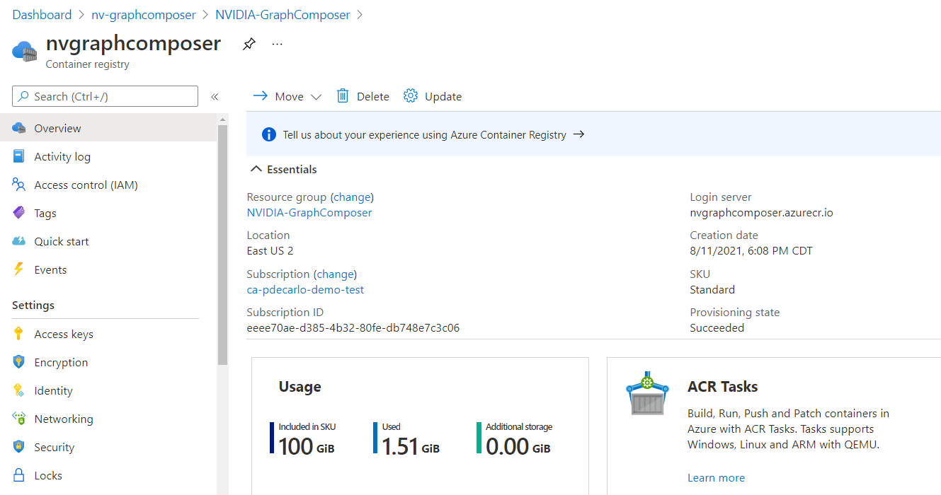 Screenshot that shows the Azure Container Registry overview.