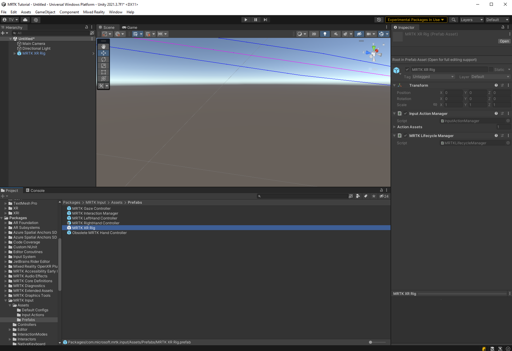 Screenshot of the adding MRTK XR Rig in the Inspector.