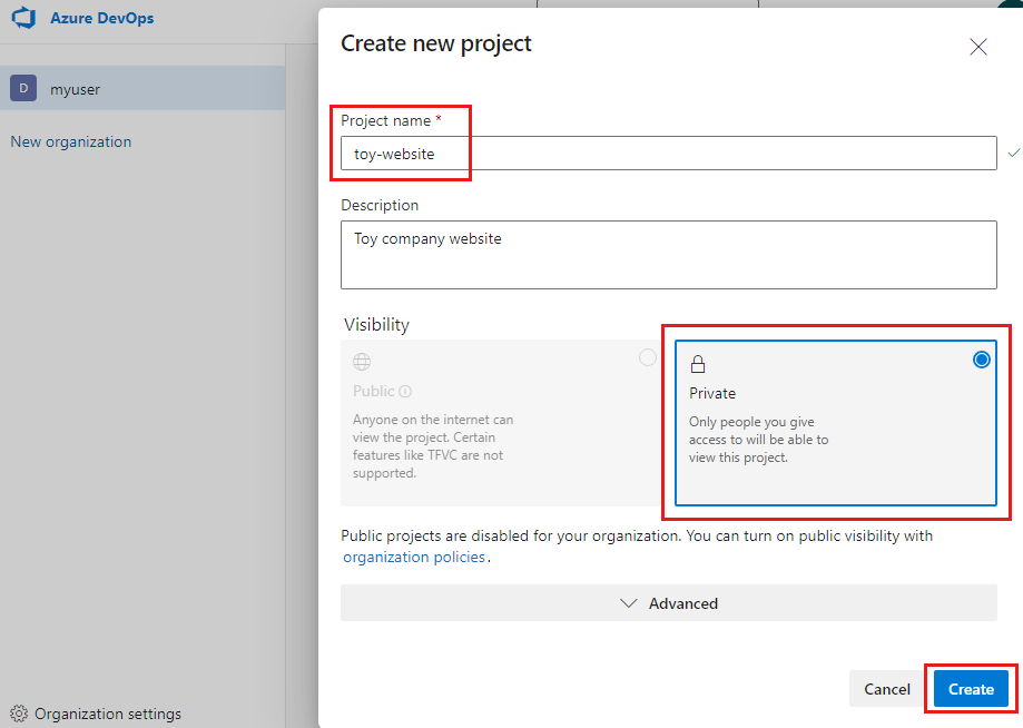Zrzut ekranu przedstawiający interfejs usługi Azure DevOps przedstawiający konfigurację projektu do utworzenia.