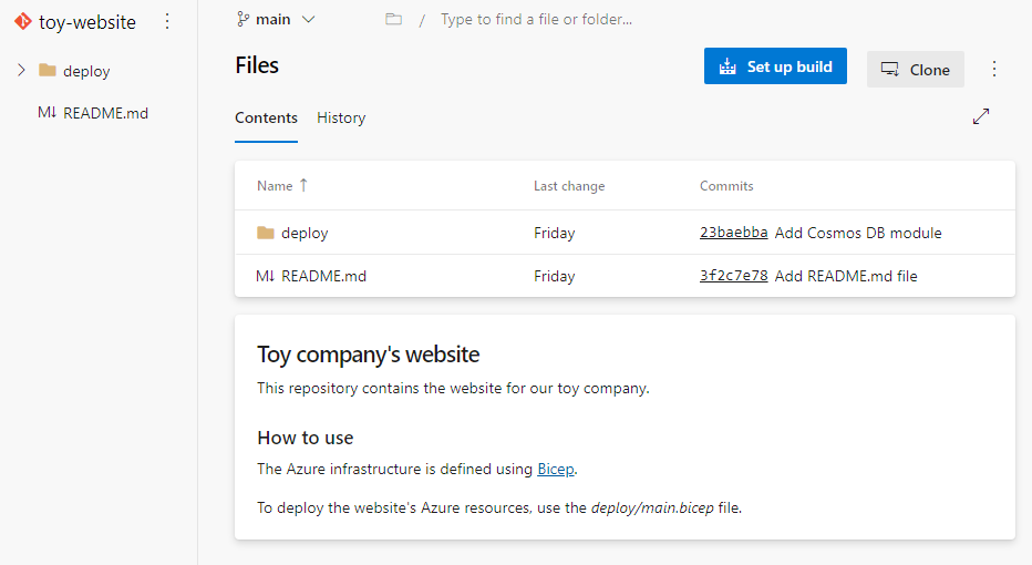 Zrzut ekranu przedstawiający interfejs usługi Azure DevOps przedstawiający repozytorium, w tym strukturę folderów i plików.