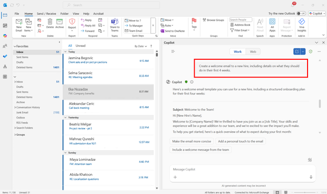Zrzut ekranu przedstawiający monit czatu Copilot w programie Microsoft Outlook.