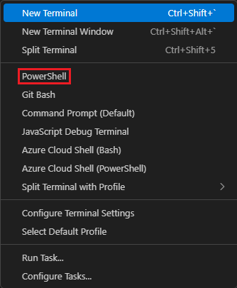 Zrzut ekranu przedstawiający listę wyboru powłoki w terminalu Visual Studio Code.