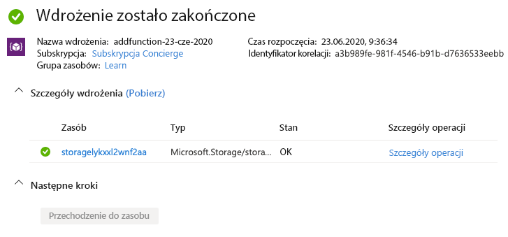 Zrzut ekranu witryny Azure Portal pokazujący, że konto magazynu zostało wdrożone.