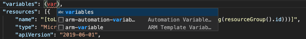 Screenshot of Visual Studio Code that shows the snippets for Azure Resource Manager template variables.