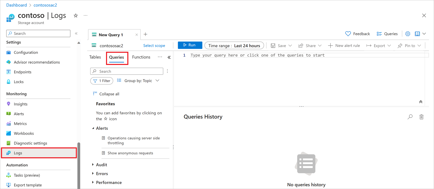 Screenshot of the Query pane in the Azure portal.