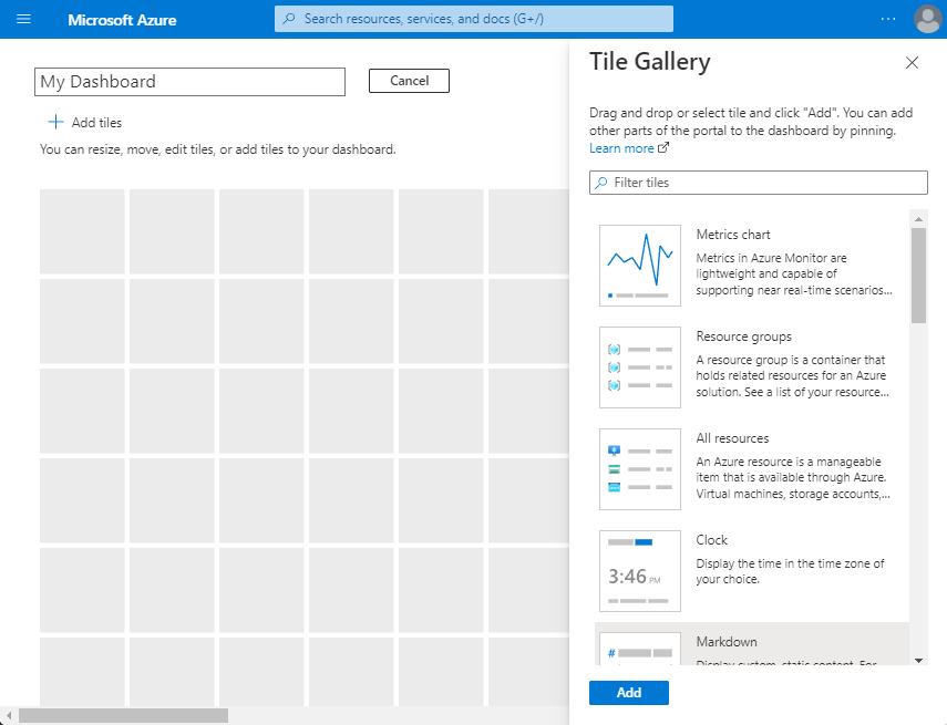Screenshot that shows how to add tiles to a dashboard.