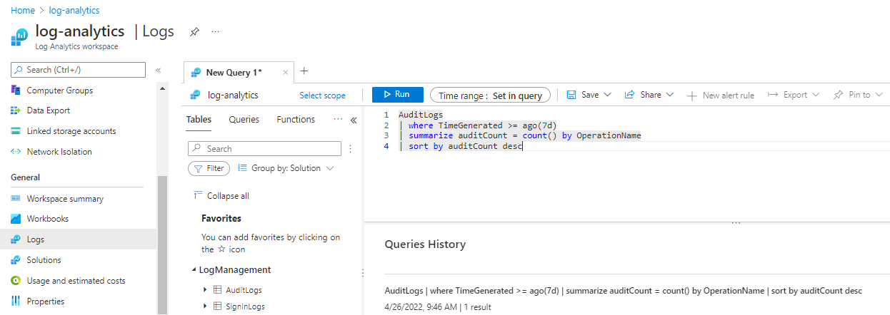 Screenshot that shows how to create a new logs query.