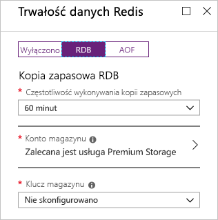 Zrzut ekranu witryny Azure Portal pokazujący opcje stanu trwałego RDB w nowym wystąpieniu usługi Redis Cache.