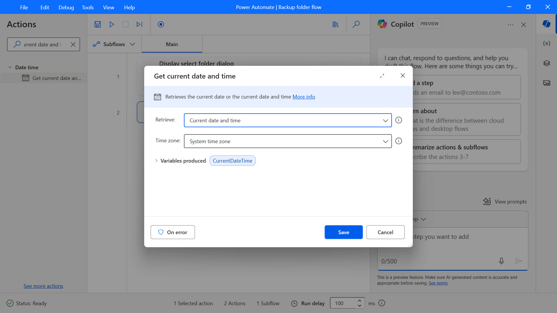 Screenshot of the Get current date and time dialog box.