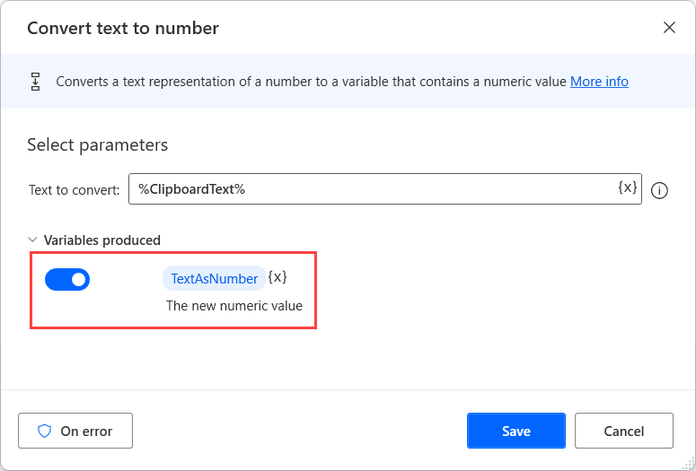 Screenshot of the Convert text to number action.