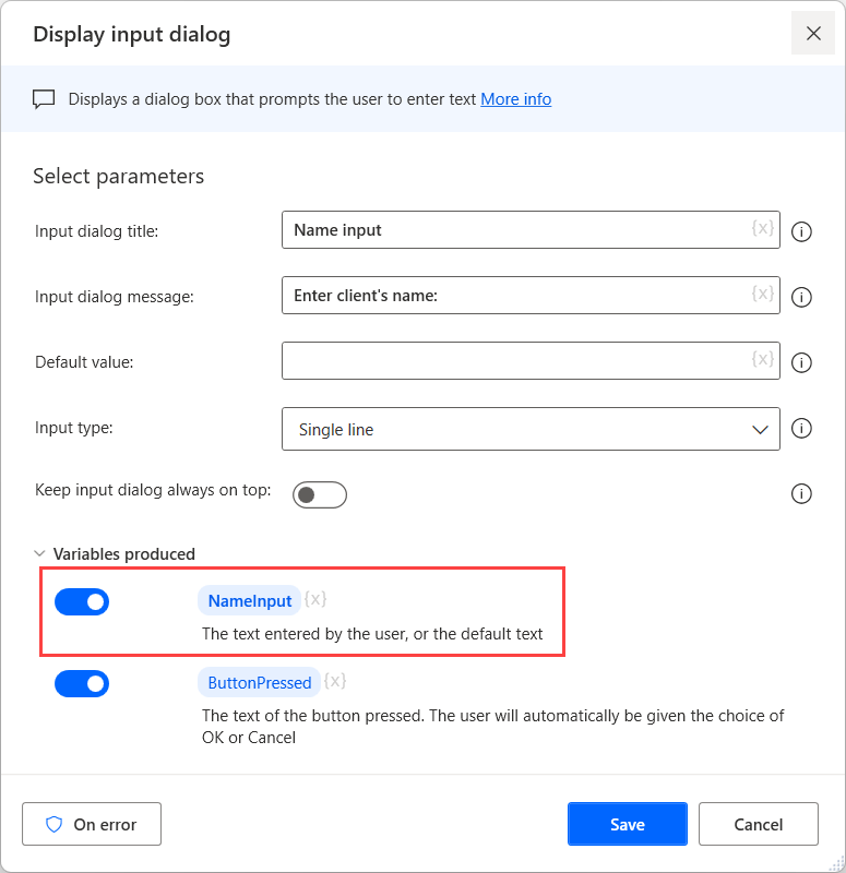 Screenshot of the renamed produced variable in the Display input dialog action.