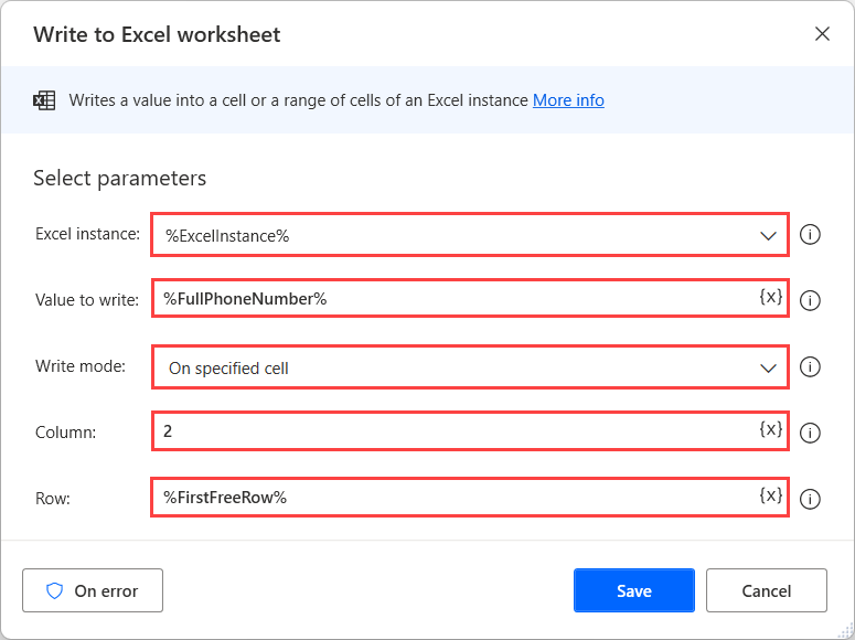 Screenshot of the second Write to Excel worksheet action.