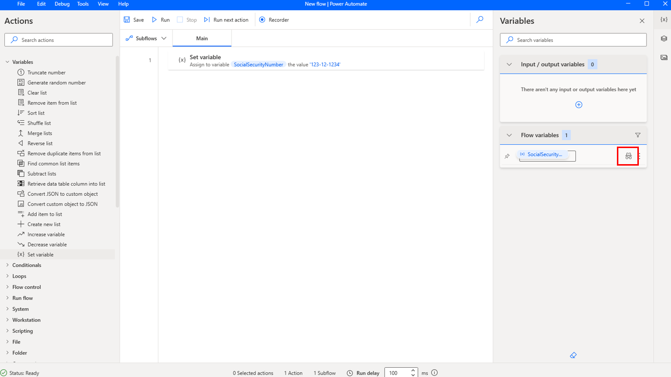 Screenshot of the Mark as sensitive icon in the flow designer.