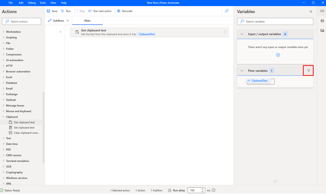 Screenshot of the filter button in the variables pane.