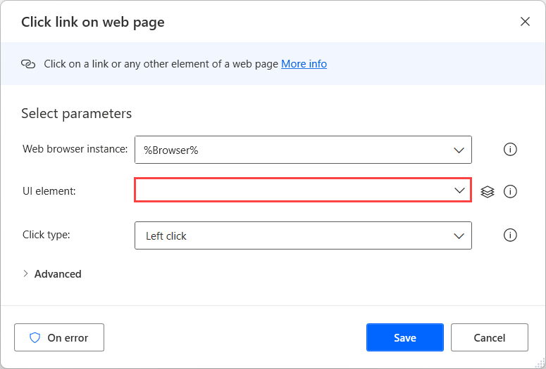 Screenshot of the U I element field in the Click link on web page action.