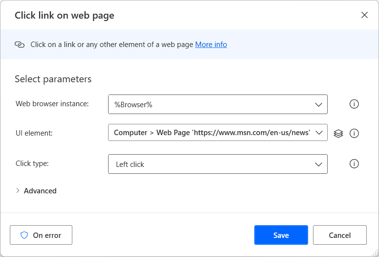 Screenshot of the Click link on web page action.