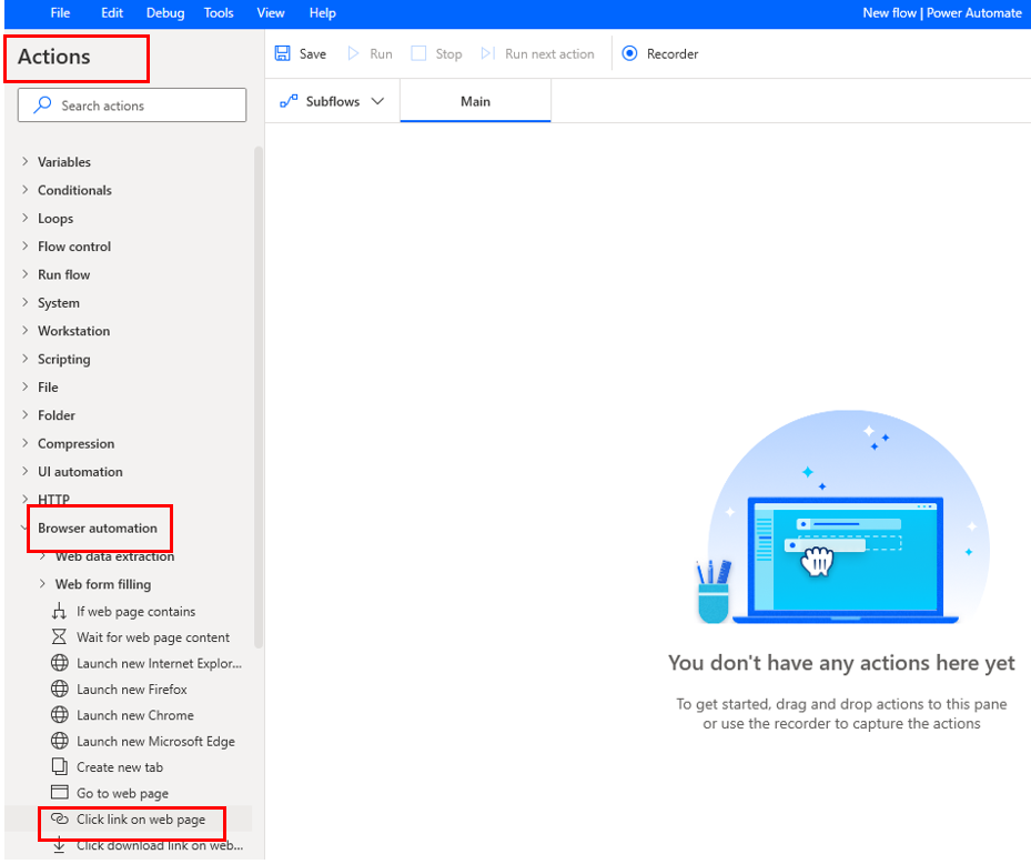 Screenshot of the actions view with browser automation menue and click link on web page selected.