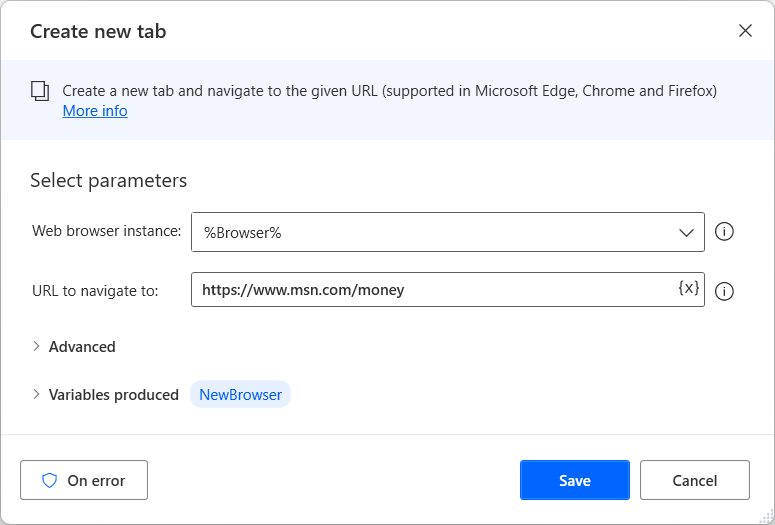Screenshot of the Create new tab action.