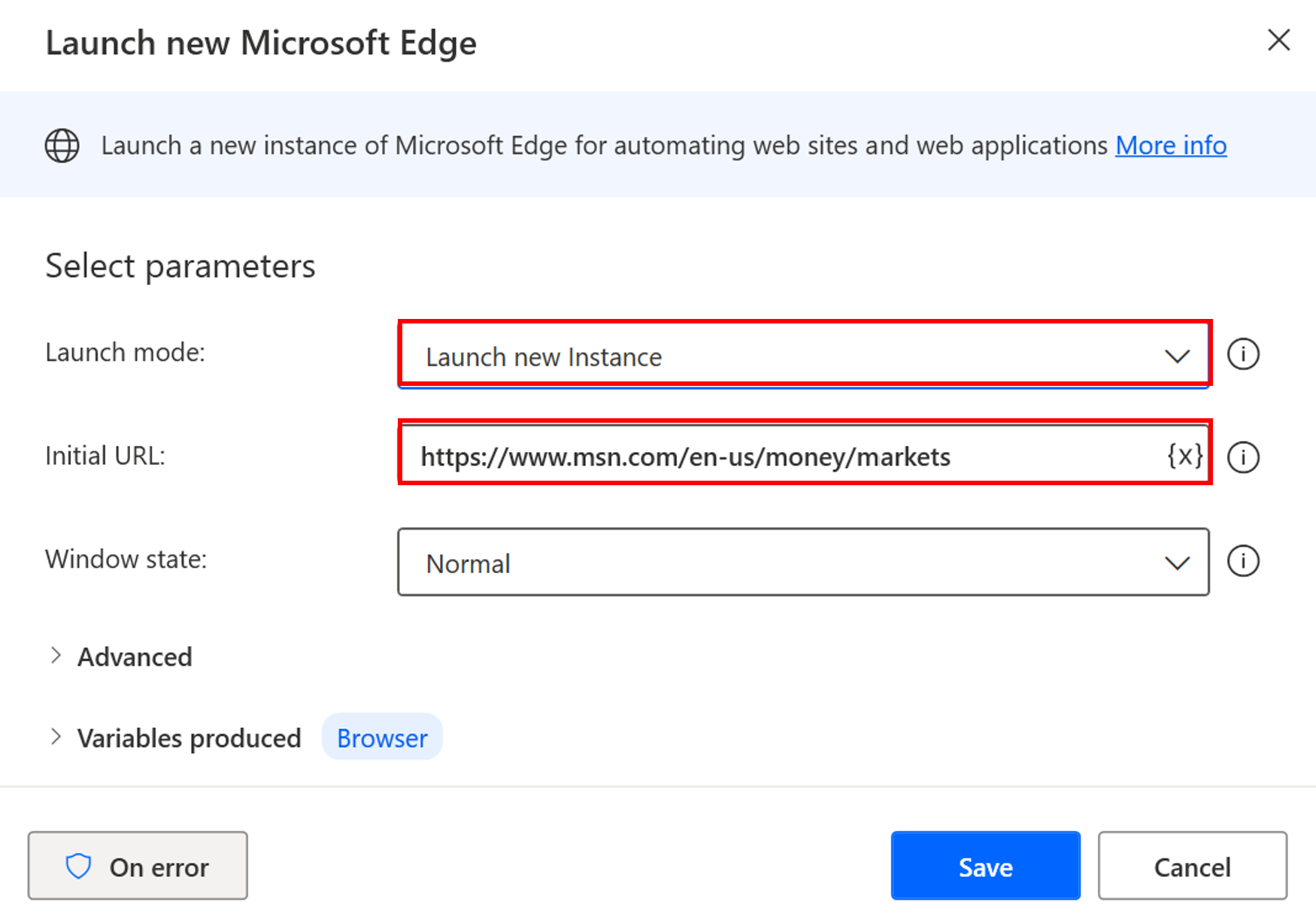Screenshot of the Launch new Edge action.